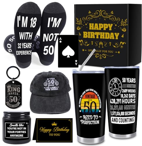 Luvart 50th Birthday Gifts for Men - 7Pcs 50 Years Old Mens Birthday Gifts Ideas, 20oz Travel Mug, Funny Socks, Baseball Cap,Keyring, Bottle Opener, Candle, 50th Presents for Dad Grandad Husband Boss