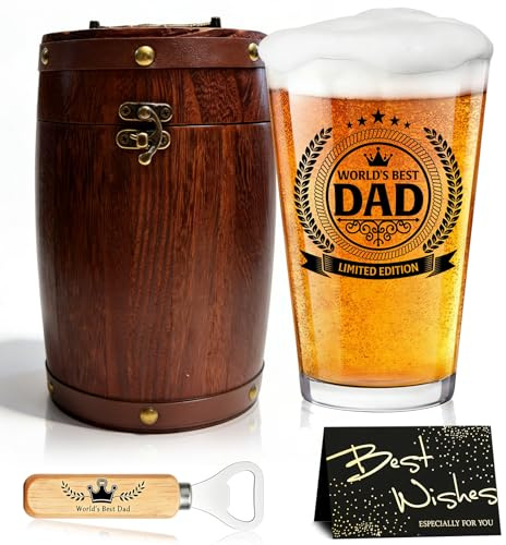 Geburtstagsgeschenk für Mann, Personalisiertes Bierglas Set mit Gravur, Bierglas in Fassbox 480ml-WORLD'S BEST DAD, Holzfass + Flaschenöffner Lustige Geschenkideen für Vater und Ehemann