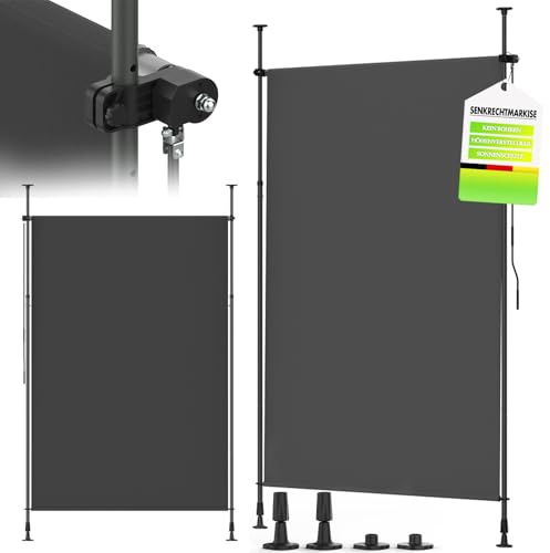 Huracan Klemmmarkise Senkrechtmarkise 160 * 250, Vertikalmarkise Höhenverstellbar mit Handkurbel, Ausziehbar & Blickdicht Balkonrollo ohne Bohren für Garten & Terrasse, Balkon-Sichtschutz, Anthrazit