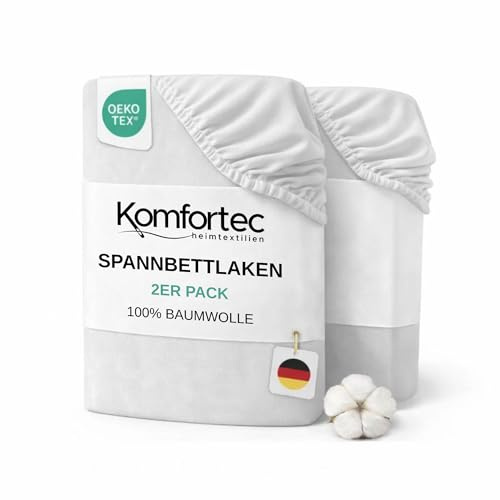 Komfortec Spannbettlaken Jersey 2er Set 100% Baumwolle – 90x200 cm – Weich, Atmungsaktiv & Hautfreundlich – Mit Rundumgummi – Oeko-Tex Zertifiziert – Für Boxspring, Topper & Matratzen – EisWeiß