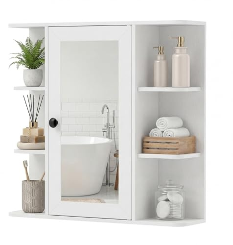 LIFEZEAL Armario de pared de baño con espejo, armario de almacenamiento colgante de inodoro de MDF, estantes de altura ajustable, armario de almacenamiento de inodoro, 66 x 16,5 x 62 cm, color blanco