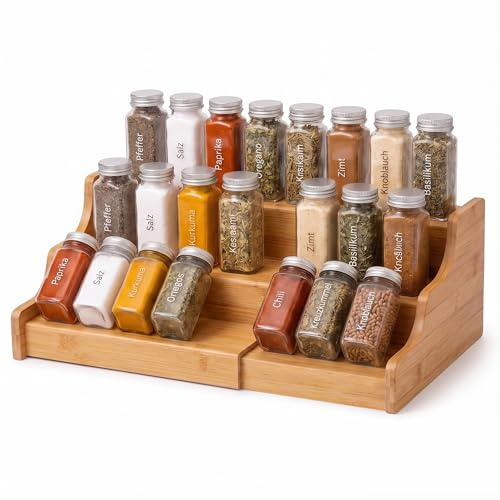 AJIEQAQ Ausziehbares Gewürzregal Bambus 3 Etagen, 58 x 18,5 x 10 cm | Gewürztreppe für Küchenschrank, Mehrzweckregal, Für Gewürze, Vitamine & Kosmetik