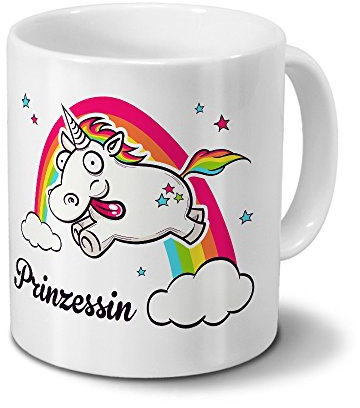 printplanet Tasse mit Namen Prinzessin - Motiv Verrücktes Einhorn - Namenstasse, Kaffeebecher, Mug, Becher, Kaffeetasse - Farbe Weiß