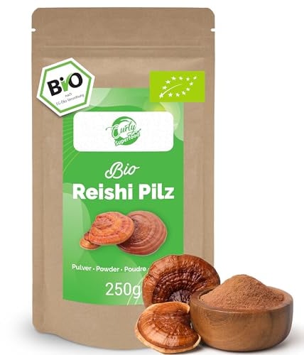 Curly Superfood Bio Reishi Pulver 250g - 100% naturreine BIO Rohkostqualität & maximaler Nährstoffgehalt - Fein gemahlenes Reishi Pilz Pulver Bio für Reishi Tee, Smoothies, Säfte & Speisen