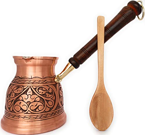 DEDE Copper,IST Serie (XLarge-16.9 floz) – dickstes massives Kupfer graviert türkisch griechisch arabische Kaffeekanne mit Holzgriff, Herd-Kaffeemaschine Cezve, Jezve, Jazva, Ibrik, Briki (matt)