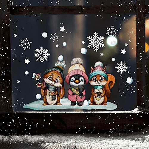 Fensterbild Weihnachtsdeko Weihnachten Tierkinder Hase Pinguin Eichhörnchen wiederverwendbar Fensterdeko Winter Fensterbilder bf146 - ausgewählte Größe: *3. Tierkinder 2*