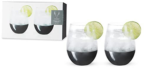 Viski Dipped Cocktail Tumblers Set of 2 19oz (561ml) Stemless Wine, Glass, Polished Finish, Gunmetal Black