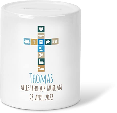 GRAVURZEILE Spardose für Kinder - Kommunion V2 Design - personalisiert mit Namen & Datum - Geschenk für Jungen & Mädchen zur Kommunion Konfirmation