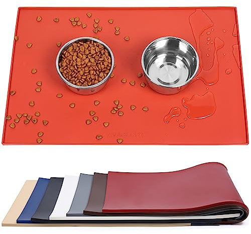 VIVAGLORY Dog Food Mat, Food Grade Silicone Mat Placemat Cat Dog Feeding Mat Waterproof Non-Slip, Anti-Messy Pet Bowl Mat with Raised Edge for Food and Water, Orange, S(48x30cm)