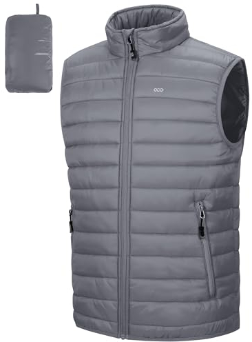 33,000ft Herren Packbare Steppweste Outdoor Gefütterte Hybrid Sportwesten mit Stehkragen Outdoorwesten mit 5 Taschen Übergangswesten für Männer Laufen Golf Wandern Reiten, Grau L