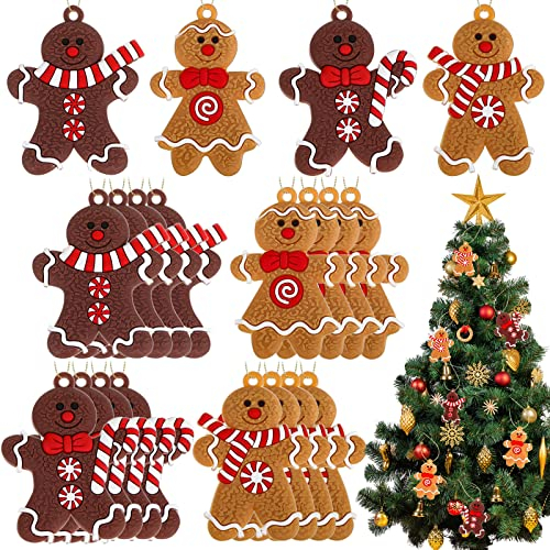 16 Pcs Christmas Gingerbread Ornaments - Traditional Ginger Man & Gingerbread Men Christmas Tree Decoration Charms with 65.62 Feet Rope for Xmas House Decor, 4 Design