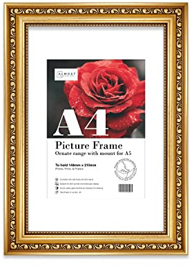 Almost Frameless A4 Gold Ornate Picture Frame With White Mount for A5 (14.8 x 21cm - 5.8 x 8.3in) Poster, Photo, Artwork, or Print. Portrait and Landscape Display with Wall Hooks