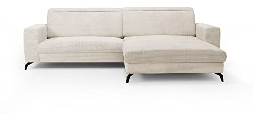CAVADORE Ecksofa Bounce mit Cord-Bezug / L-Form-Sofa mit Longchair + mattschwarzen Metallfüßen / 290 x 88 x 178 / Breitcord, Creme-Beige