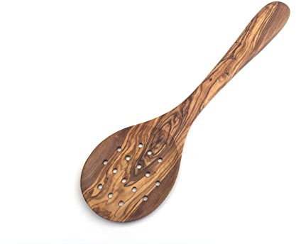 Slotted Spoon, Choice of Length, Strainer Spoon, Cooking Spoon with Holes, Extra Wide, Handmade from Olive Wood (Large: 37 cm)