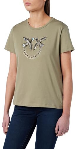 Pinko Quentin T-Shirt Jersey Logo Birds Ricamo + Borchie, T-Shirt Donna, U84_Verde Vertiver, XXS