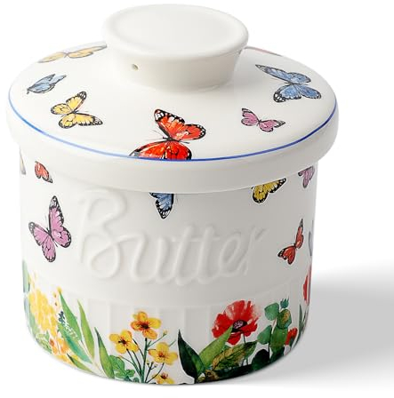 Toptier Butter Crock for Counter With Water Line, On Demand Spreadable Butter, Ceramic Butter Keeper to Leave On Counter, French Butter Dish with Lid (Butterfly)