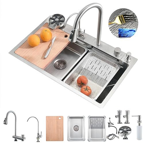 Bokaiya Lavello Cucina a Cascata, Lavandino Cucina Multifunzione per Workstation in Acciaio Inox 304, Lavandino 1 Vasca con Rubinetto Estraibile e Cascata,Lavelli Waterfall con Più Accessori (68*46cm)
