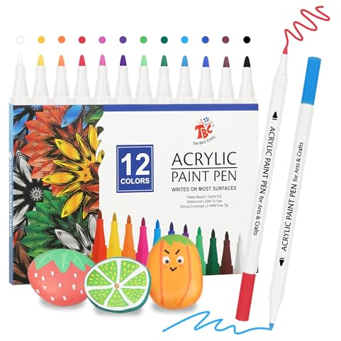 TBC The Best Crafts Acrylstifte für Steine Wasserfest, 12 Farben, Acrylstifte Wasserfest, Steine Bemalen Stifte, Acrylic Paint Marker, Glasmalstifte für Leinwand, Holz, Allerheiligen Geschenk
