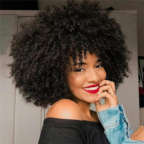QUEENTAS Pelucas afro rizadas cortas de 10 pulgadas para mujeres negras Peluca rizada afro con flequillo Sin pegamento Peluca de pelo sintético completo y esponjoso (Negro)