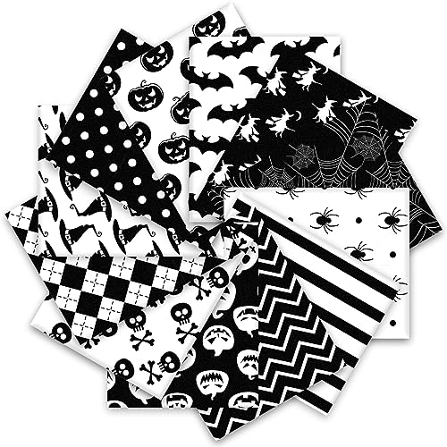 Whaline 12 Stück Halloween Baumwollstoffbündel 45,7 x 55,9 cm Spinne Kürbis Fledermaus Hexe Plaid Streifen Punkt Fat Quarters Weiß Schwarz Quilten Patchwork Quadrate Nähen Stoffe für DIY Handwerk