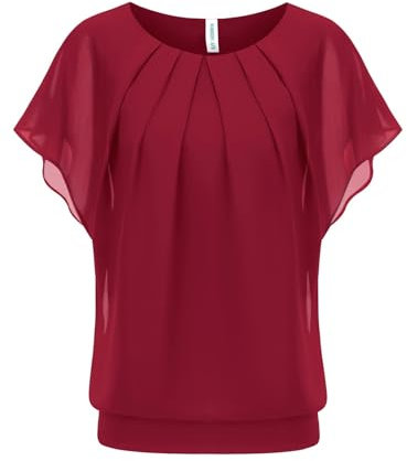 WANGZHI Damen Fledermaus Chiffonbluse Batwing Rundkragen Bluse Casual Loose Fit Sommer Oberteile festtagskleidung für Damen Tunika Damen elegant Oversize Shirt Damen,rot,XL
