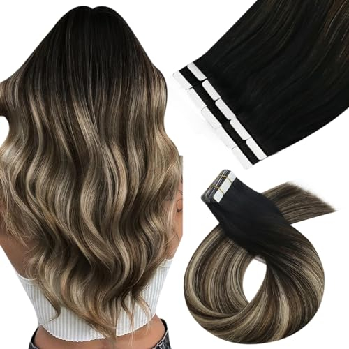 Moresoo Invisible Tape in Extensions Echthaar Schwarz Haarverlängerung Echthaar Tapes 35 cm Schwarz bis Dunkelbraun mit Karamellblond Klebe Tape Extensions 10 Stück 25g #1B/3/27
