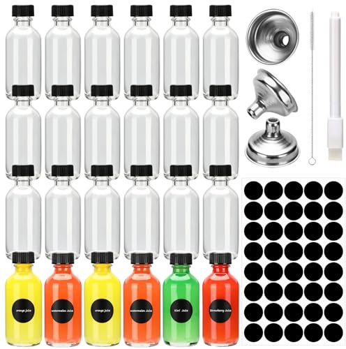 Gowkeey Set di 24 Bottigli per Liquori Mini, Mini Bottiglie per Liquore con Tappi a Vite e Imbuto, 60ml Riutilizzabile Bottigliette Trasparenti con Imbuto per Olio, Sciroppo, Birra