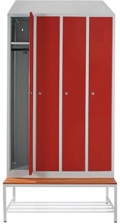 Schrank & Stuhl Spind – Metallspind mit 4 Abteilen, Sitzbank mit Schuhrost und Schrägdach - 30 cm Abteilbreite, 240 x 117 x 80 cm, Schließfachschrank mit Hutboden & Zylinderschlössern, Grau/Rot