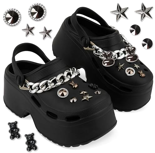 CityComfort Platform Clogs Damen, Sommerschuhe mit Ansteckern & Schuh Schmuck (Schwarz, 36-37 EU)