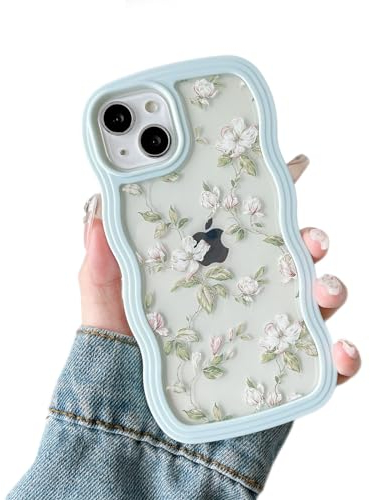 ZTOFERA Wavy Case for iPhone 13/14 (6.1), Cute Clear Protective Case with Floral Leaves Pattern, Hard PC Colored Wave Frame Soft Silicone Bumper Shockproof Cover for Girls Women, Mint Green