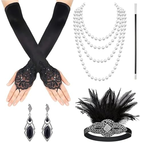 Xrten 5 Stück 20er Jahre Kostüm Damen Set, 1920er Gatsby Accessoires Set, Charleston Verkleiden Accessoires mit Stirnband Handschuhen Perlenkette Ohrringen für 20er Jahre Halloween Weihnachte
