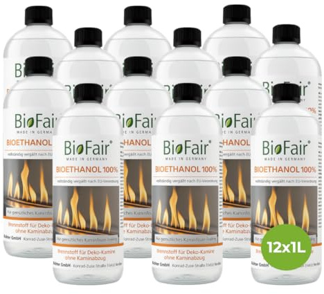 BioFair Bioethanol 100%, 12 x 1L Flasche Für Ethanolkamin, Bioethanolkamin | Für Gartenfackel, Innen & Außen, Geruchs- & Rußfrei, Hochreines Bio Ethanol