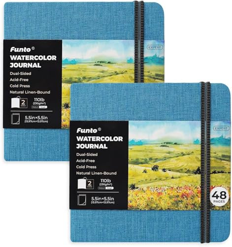 Funto Wasserfarben-Tagebuch, Quadratisch, Zweiseitiges Kalttrommelpapier, 5,5 x 5,5, tragbares 2-er Set, blaues Einband mit elastischer Band, 110 lb/230gsm, Kunstbedarf für gemischte Medien.