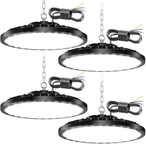 TASINUO 200W Industrial LED Floodlight, 4 Pieces, 20000LM UFO Ceiling Lighting, IP65 Waterproof Lamp Workshop, 7000K Cool White LED Ceiling Light for Garage Warehouse Workshop Basement Factory