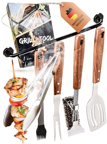 LIKAYA® Premium Grillbesteck-Set [6-TLG.] Edelstahl mit Akazienholz-Griff, inkl. magnetischer Hakenleiste (Grillzange, Grillwender, Grillbürste, Gabel & Pinsel) – Perfektes Grillwerkzeug am Grill!