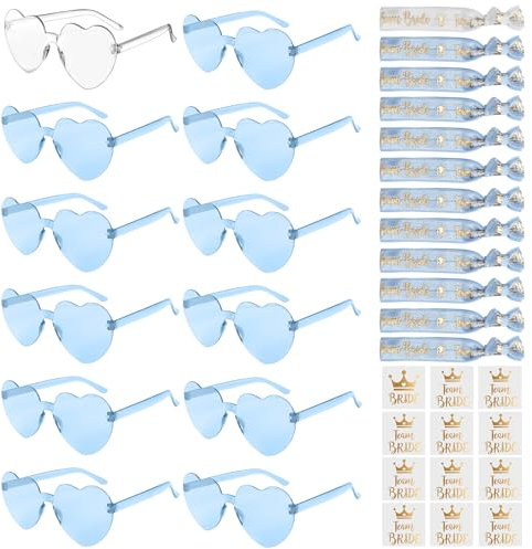 Ainiv Hen Party Bride Team Accessories, 12 Heart Shaped Glasses with 12 Team Bride Wristbands & 12 Bride Tattoos, Hen Do Party Decorations Accessories, Bridal Team Heart Eyewear Set for Party (Blue)