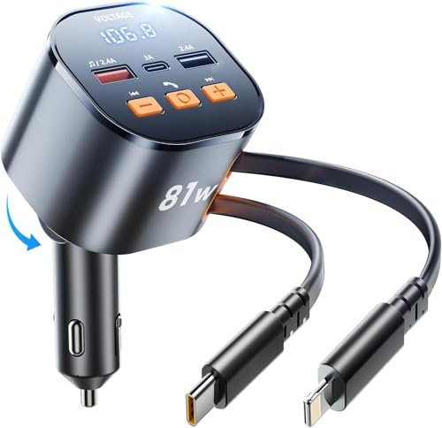 Bluetooth Car Adapter with Retractable Charger Cables - 100W Fast Car Charger & Bluetooth 5.3 transmitter. FM Transmitter with Music Player, Hands-Free Calling - USB-C & USB (A02)