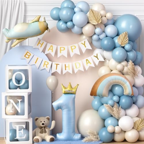 Toyssa Geburtstagsdeko 1 Jahr Junge Blau, Deko 1. Geburtstag Junge mit Ballonbox Folienballons Happy Birthday Girlande, Luftballon Girlande Blau für Erster Geburtstag Kinder