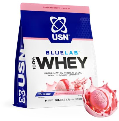 USN BlueLab Whey Protein Powder I Strawberry I 476g - 14 Servings | 25g Isolate Blend | 130kcal | 5.8g BCAAs | Soy-Free | Low Carb & Fat | Easy Digestion| Post-Workout | Lean Muscle Growth