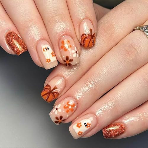 Resweky Halloween Square Bat Spider Faux Ongles colorés Violet Français Court Faux Ongles Couverture Complète Ongles Acrylique Imprimer Nail pour les Femmes et les Filles (Style 1, Gratuit)