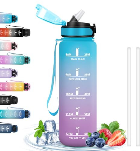 Gourde, Gourde avec Paille, Gourde Sport 1 litre avec Marqueur de Temps, Gourdes de Camping et Randonnée, Facile à Transporter, Gourde Reutilisable, pour Gym, Fitness, Cyclisme, Extérieur