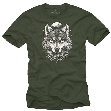 MAKAYA Herren T-Shirt mit Wolf Motiv Mond Vollmond Grafik Wolfsmotiv