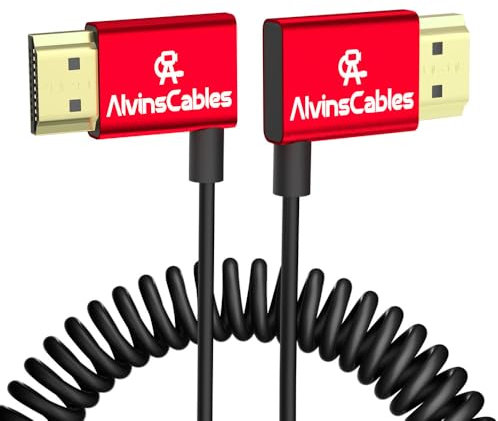 Alvin's Cables Cavo HDMI 8K 2.1 48Gbps ad alta velocità Φ2.4mm HDMI ultrasottile 8K@60Hz 4K@120Hz per Sony A7 A9, BMPCC,Canon C70,Atomos Ninja,SmallHD,cavo a spirale ad angolo da sinistra a destra
