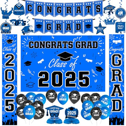 Graduation Decorations Class of 2025, Graduation Decorations Set 2025 Backdrop, Flag Banner, Porch Banner, Graduation Hanging Swirl, Balloons, Honeycomb for Graduation Party Decorations (Blue & Black)