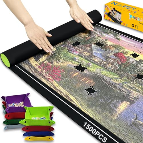 Napzy Puzzle Mat with Color Box, 8PCS Sorting Trays Up to 1500pcs Puzzles Matt Rollup 45.6 x 26.3 in Jigsaw Keeper and Saver Jigsawes Pad Has Storage Bag for Puzzle Lovers Felt Matted Black