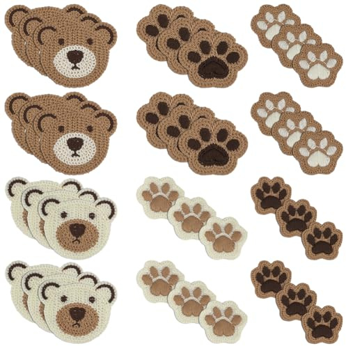 FINGERINSPIRE 48Pcs 8 Styles Little Bear Crochet Knitted Cloth Patch - Paw Print Sew on Applique Multiple Shaped Bear Handmade Decorative for Cloths Dress DIY