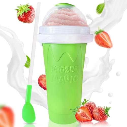 Vaso para granizados de silicona de 300 ml con popote y cuchara 2 en 1, taza de helado casero para hacer batidos y bebidas, verde