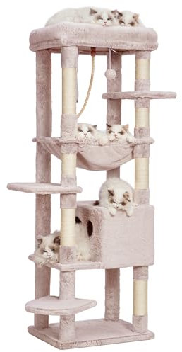 Heybly Arbre à Chat pour Gros Chats 20 lbs (9 kg) Résistant, Tour XXL 152 cm pour Chat d'Intérieur, Meuble Multi-Niveaux avec Plateforme en Peluche, Panier Doudou, Condo HCT050MU