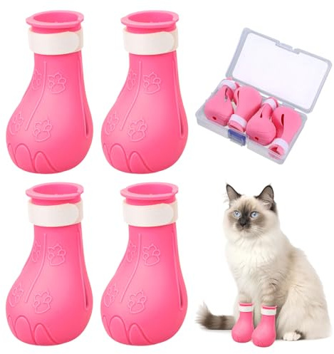 Gosknor 4pcs Cat Feet Covers, Adjustable Anti-Scratch Anti-Bite Silicone Cat Feet Claw Covers for Nail Trimming Bathing Checking Multifunctional Pet Grooming Products (Pink)