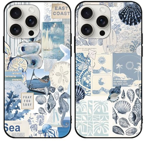 Phoona 2 Pack Cute Case for iPhone 15 Pro Max 6.7, European Collage Preppy Summer Girly Design Pattern for Girls Women, Slim Soft Silicone Shockproof Bumper Protector Cover, Blue 04